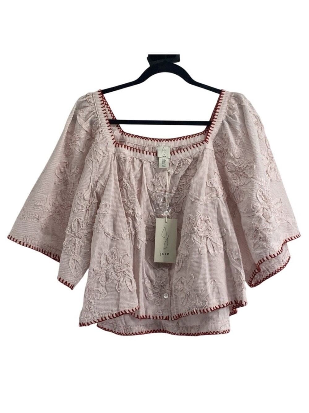Joie Pale Pink Embroidered Peasant Blouse with Red Trim